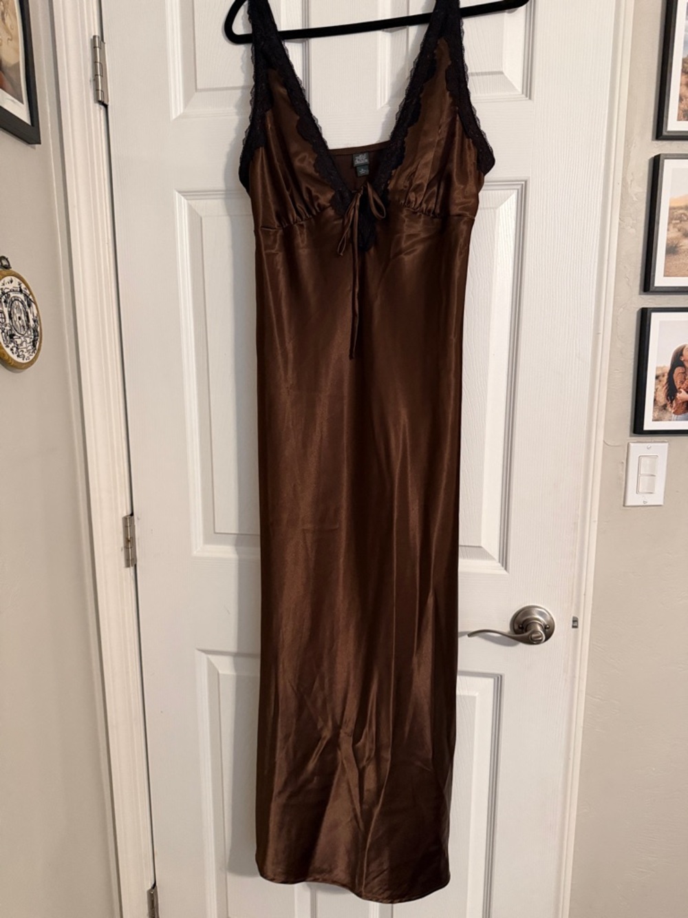 wild fable Brown Satin Chemise with Black Lace Trim